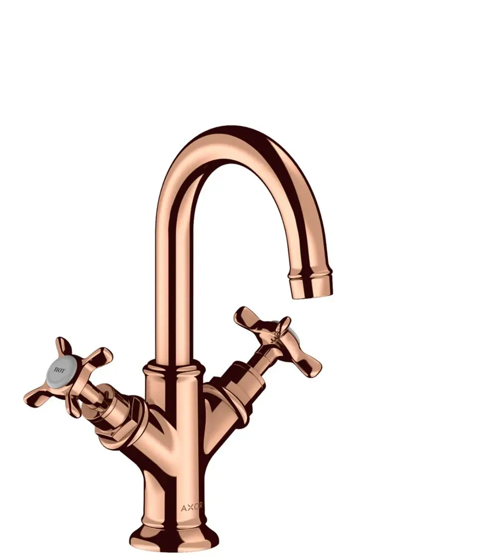 Waschtischarmatur mit zwei Kreuzgriffen in Rotgold-Finish von AXOR, für Handwaschbecken, mit integrierter Zugstangen-Ablaufgarnitur.